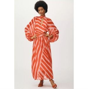 NWT Maeve for Anthropologie Pink/Red Diagonal Stripe Long-Sleeve Maxi Dress Sz10
